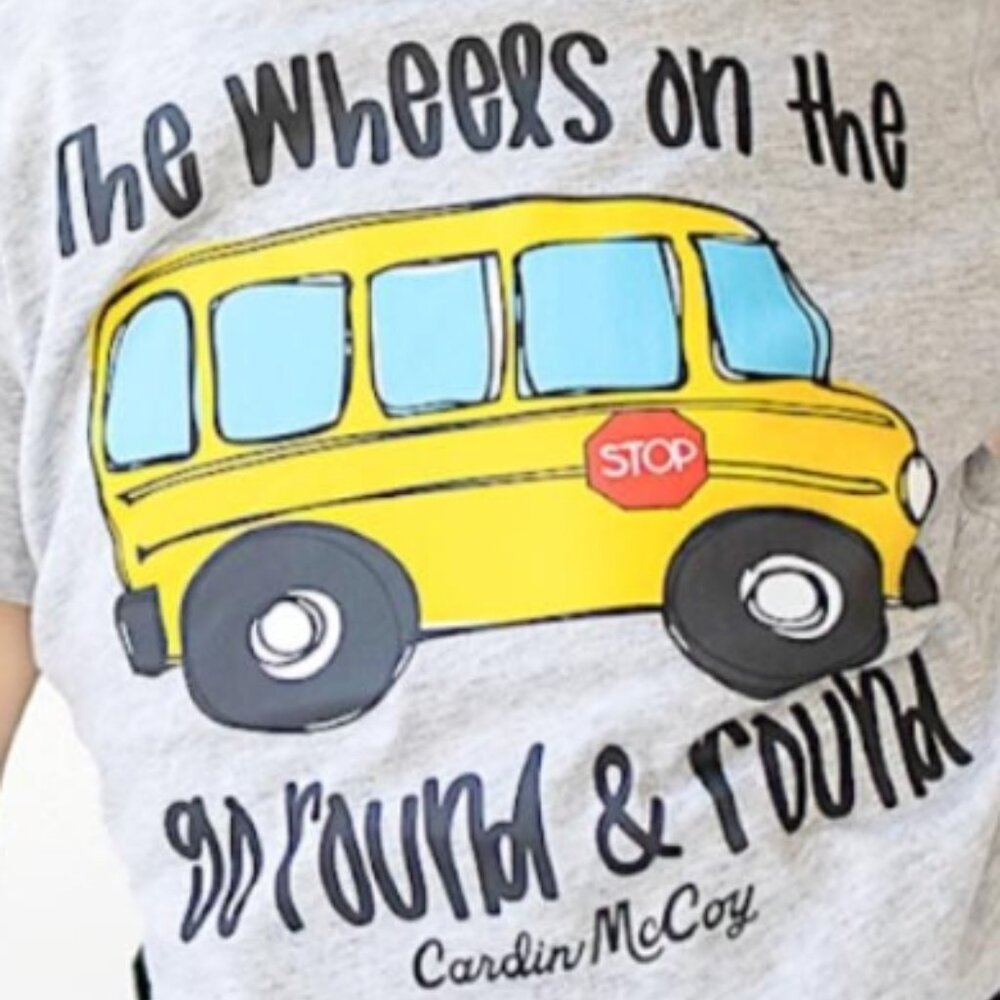 Cardin McCoy blue tshirt (Size L) 'The Wheels on the...' - LIKE NEW